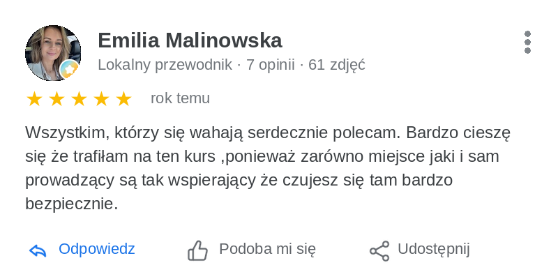 Opinia Google: Emilia Malinowska, 5 gwiazdek