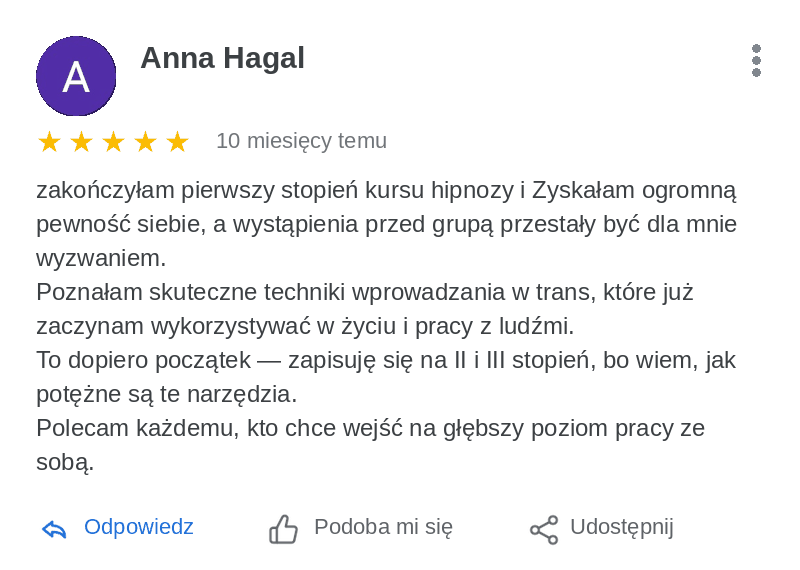 Opinia z Google, którą napisał(a) Anna Hagal