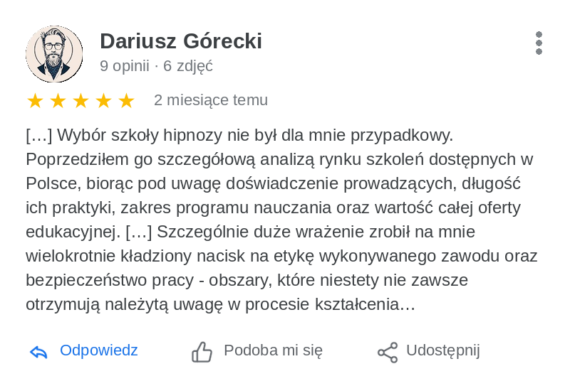Opinia Dariusza Góreckiego w Google: szczegółowa analiza rynku szkoleń hipnozy w Polsce i nacisk na etykę zawodu oraz bezpieczeństwo pracy