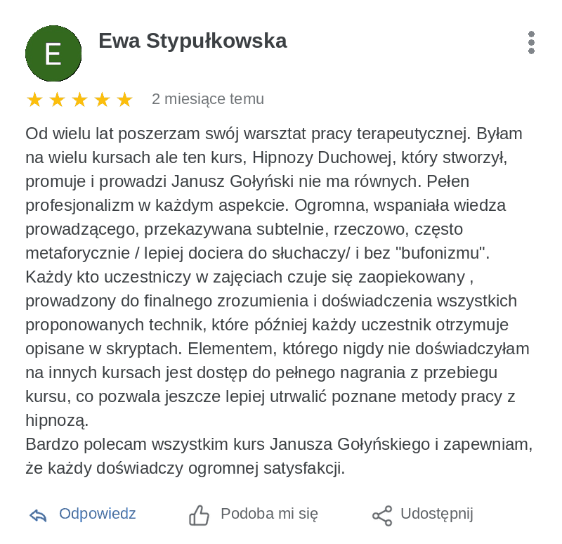 Opinia z Google, którą napisał(a) Ewa Stypułkowska