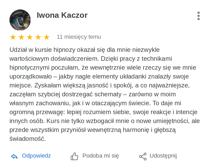 Opinia z Google, którą napisał(a) Iwona Kaczor
